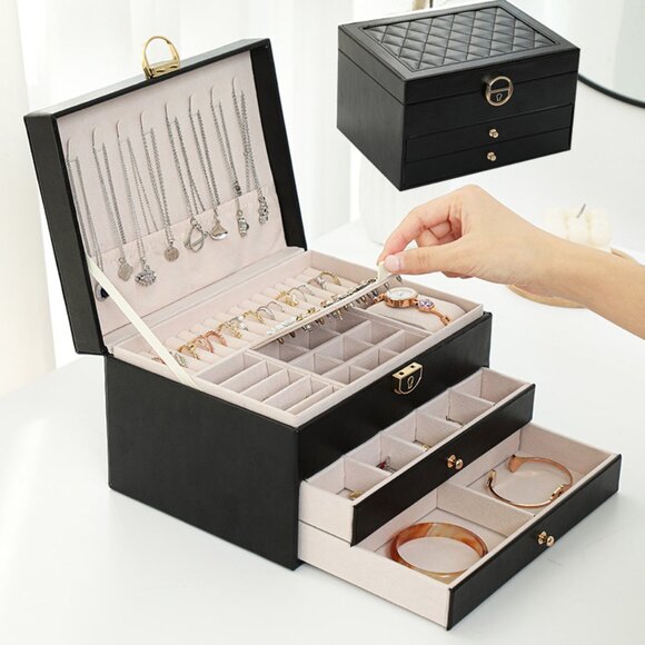 Best Gift Idea Three Layer Lockable PU Leather Jewelry Storage Box w/ Drawers - Picture 1 of 9